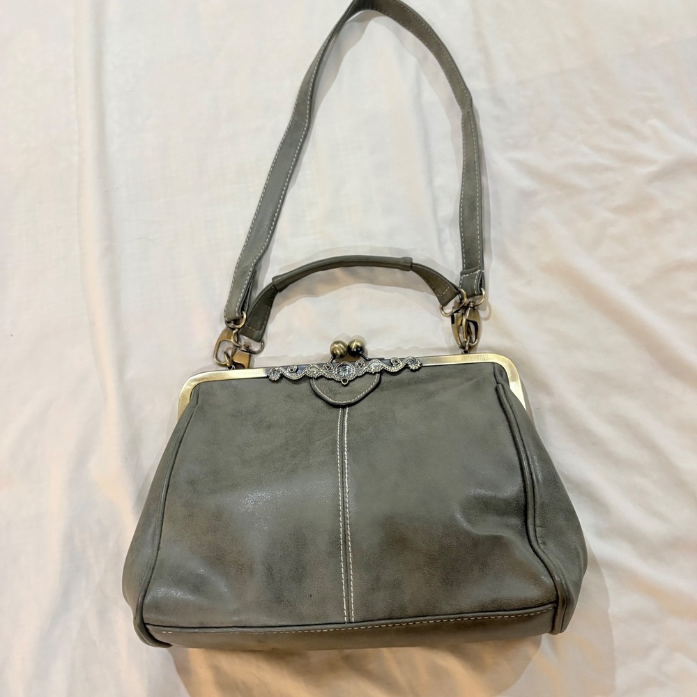 Realer Gray Kiss Lock Satchel Handbag Faux Leather Crossbody Vintage Style